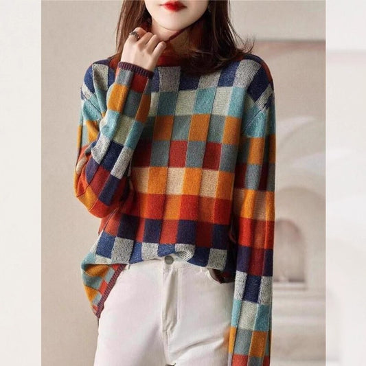 Colorful Checkered Knit High Neck Sweater