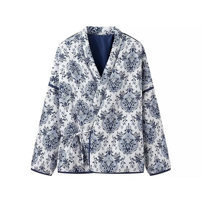 Casual printed long-sleeved cotton coat with tie