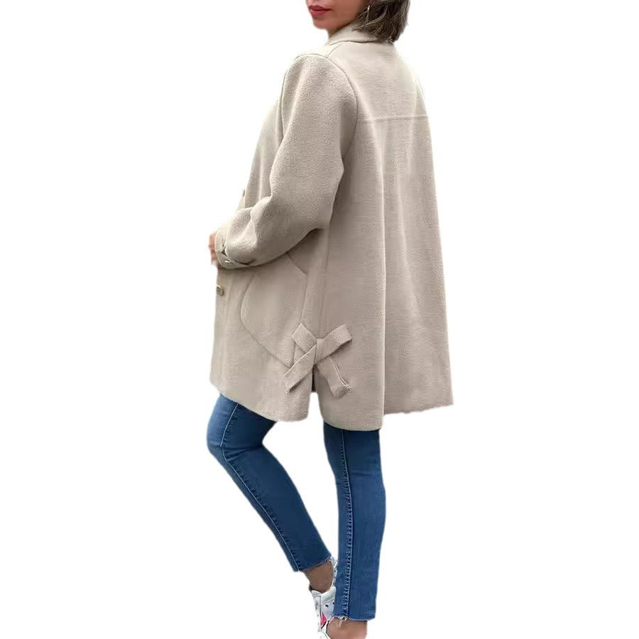 Lapel Solid Color Casual Bow Woolen Coat for Women