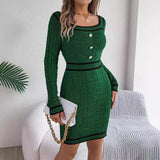 Square Neck Knit Sweater Dress Long Sleeve