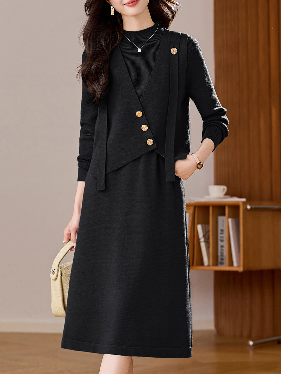 Elegant Knitted Dress Two-Piece Set for Women, Long Sleeves, Autumn and Winter