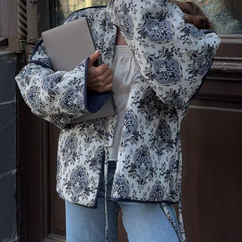 Casual printed long-sleeved cotton coat with tie
