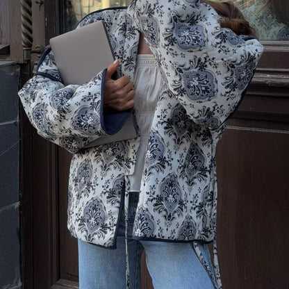 Casual printed long-sleeved cotton coat with tie