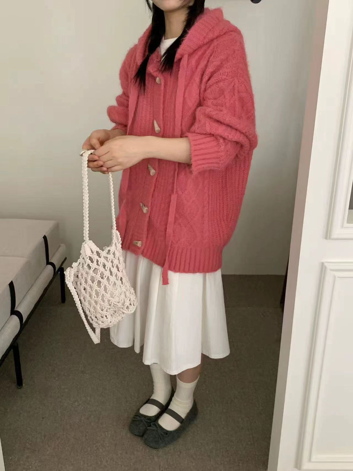 Retro horn button hooded sweater cardigan for women