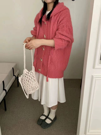 Retro horn button hooded sweater cardigan for women