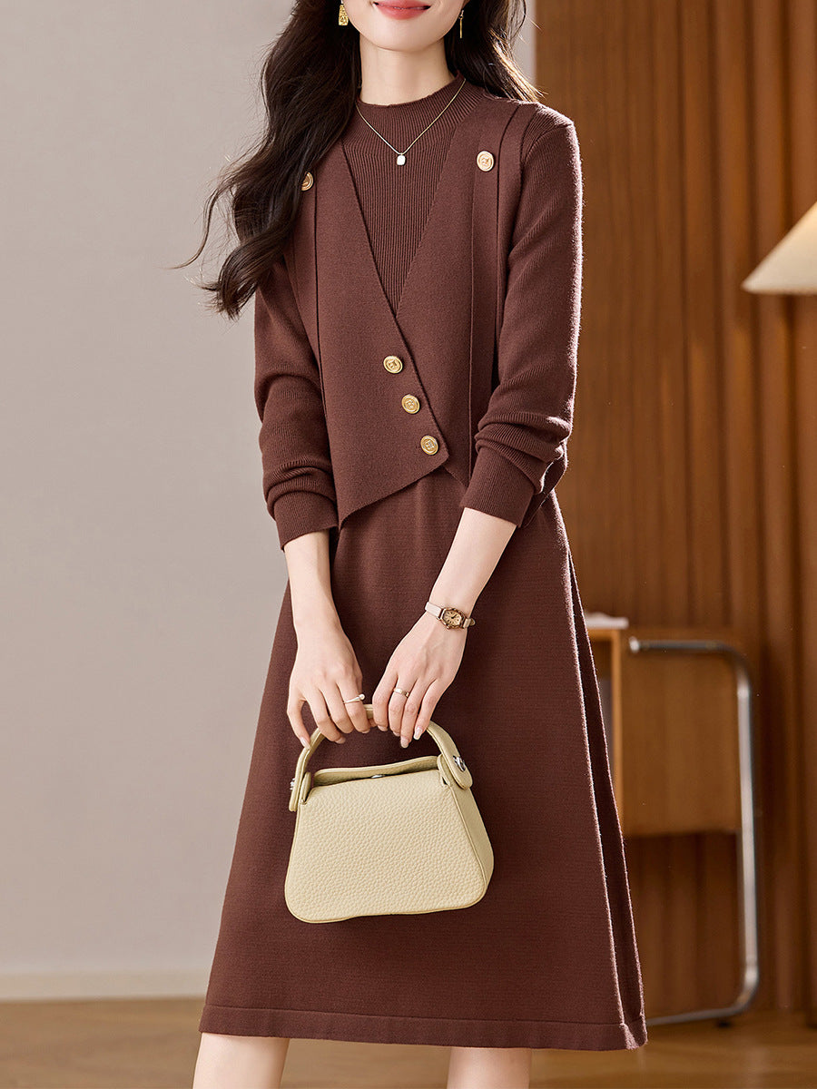 Elegant Knitted Dress Two-Piece Set for Women, Long Sleeves, Autumn and Winter