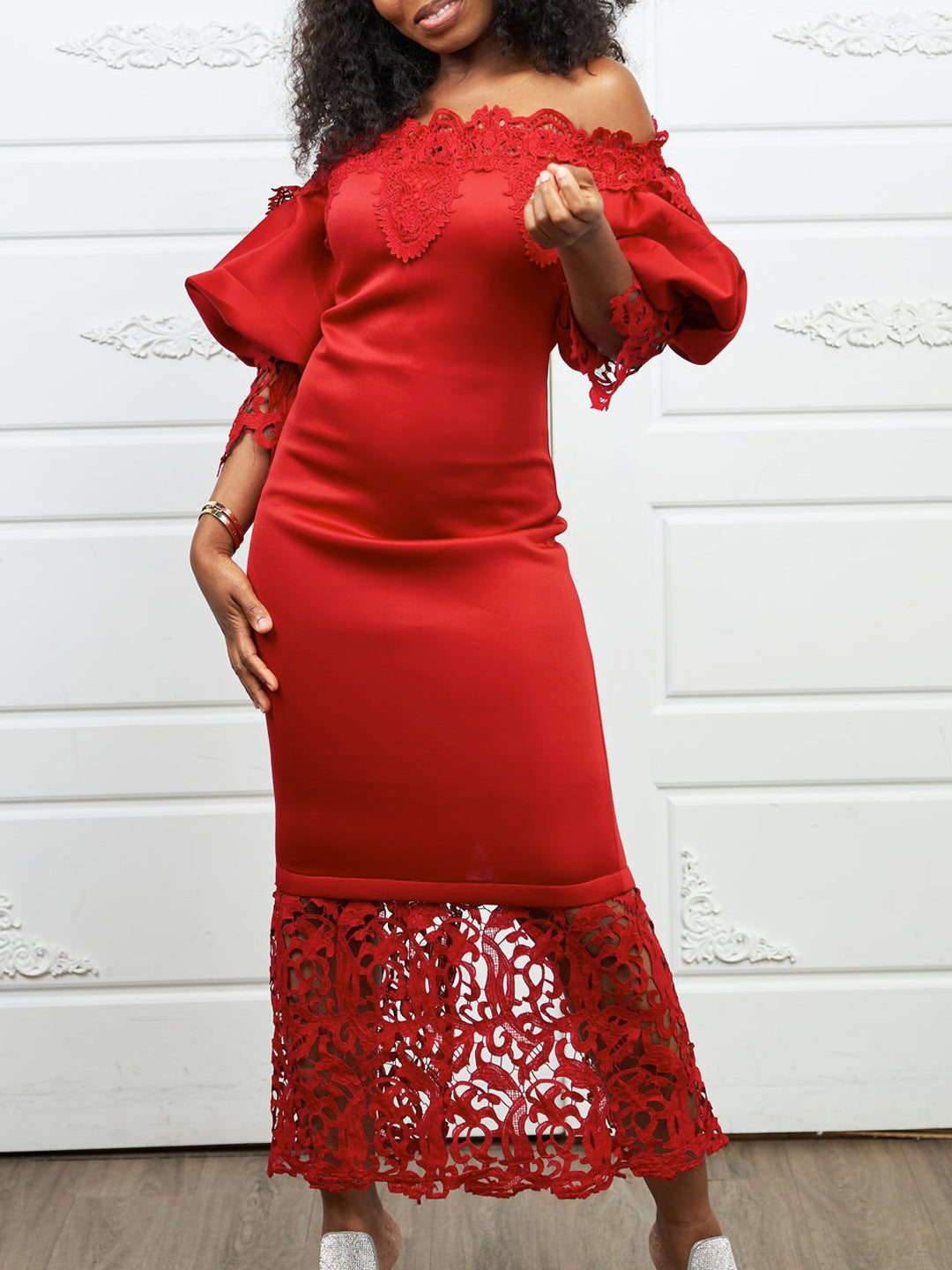 Off-the-shoulder lace-trimmed evening gown with lantern sleeves