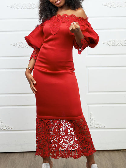 Off-the-shoulder lace-trimmed evening gown with lantern sleeves