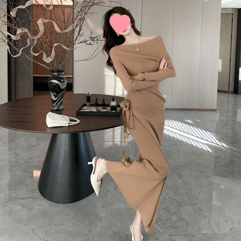 One-shoulder top with tie-up floral midi skirt knit dress for women