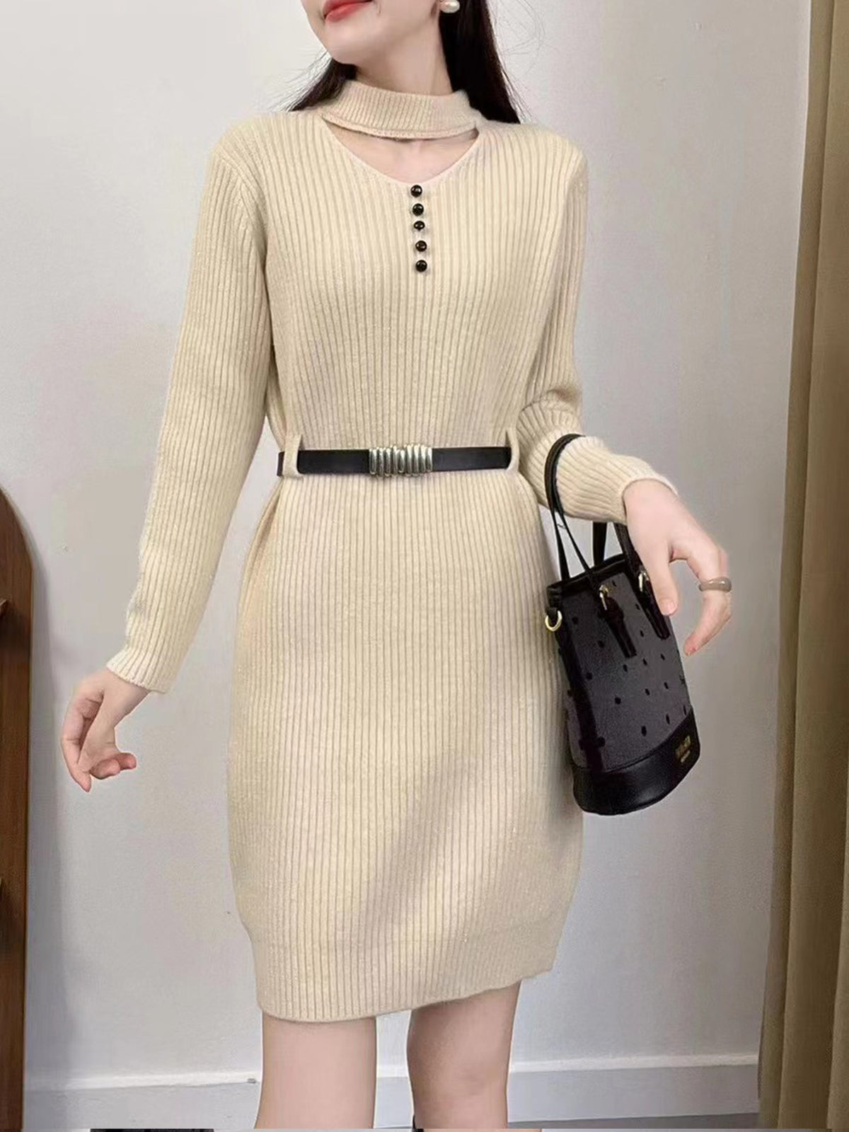 Waist-cinching halter neck openwork knit base dress