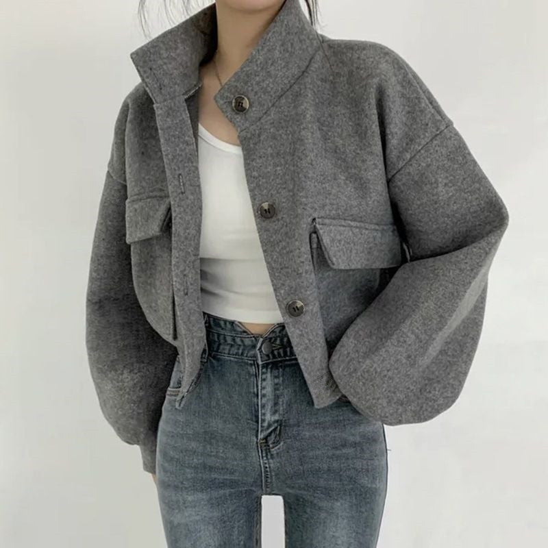 Stand-up collar, niche style, short, relaxed, loose-fitting wool coat for women