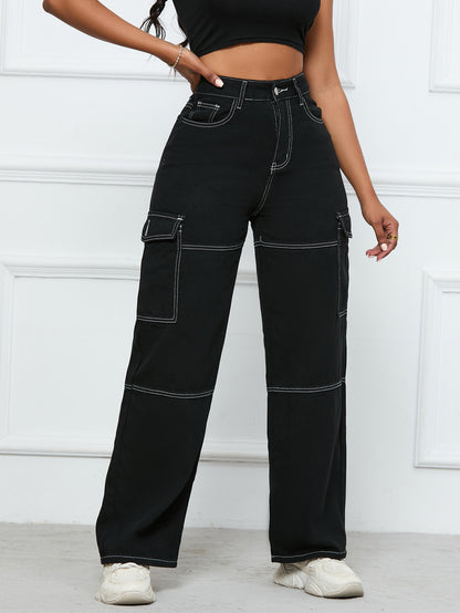 High Waist Pocket Straight Denim Cargo Pants