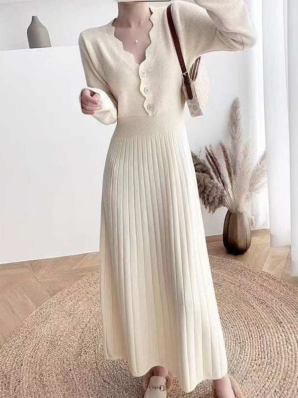 French-style V-neck button-down knit dress for women