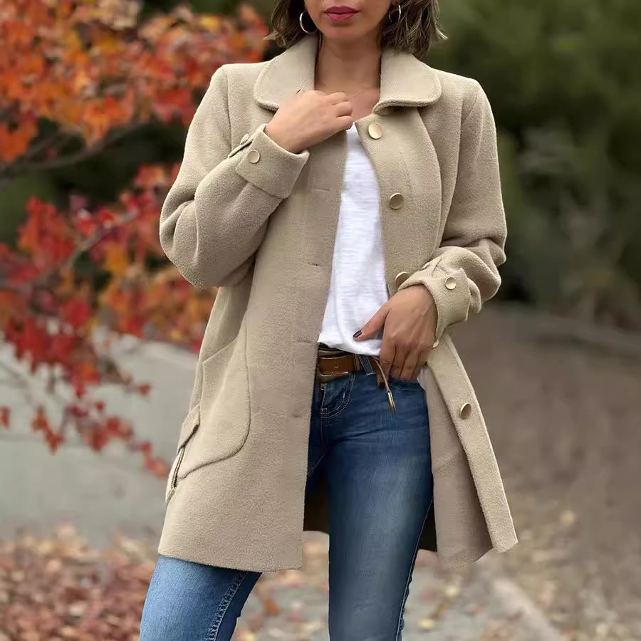 Lapel Solid Color Casual Bow Woolen Coat for Women