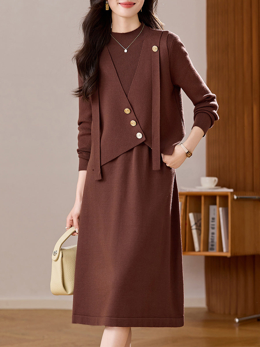 Elegant Knitted Dress Two-Piece Set for Women, Long Sleeves, Autumn and Winter