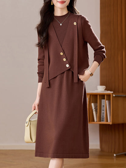 Elegant Knitted Dress Two-Piece Set for Women, Long Sleeves, Autumn and Winter