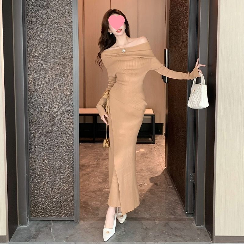 One-shoulder top with tie-up floral midi skirt knit dress for women