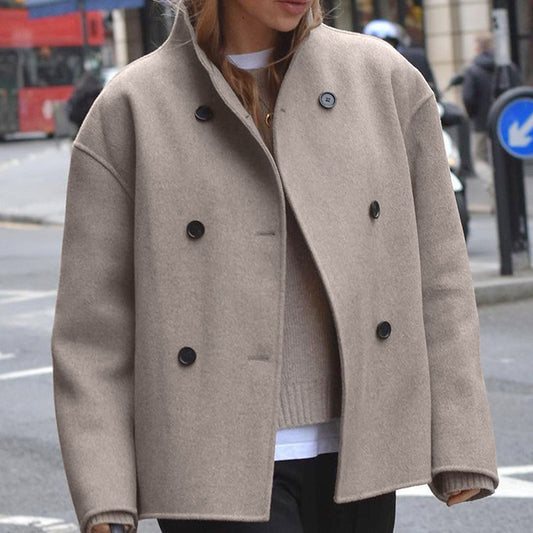 Double-breasted women's solid color wool coat, casual and elegant