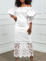 Off-the-shoulder lace-trimmed evening gown with lantern sleeves