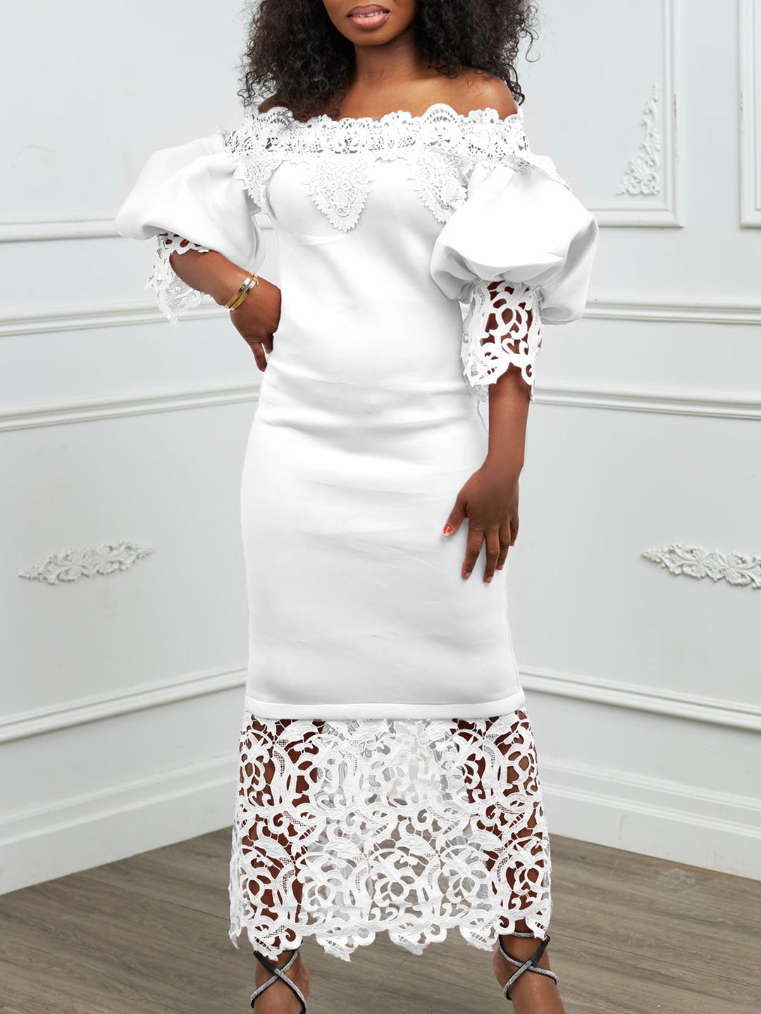 Off-the-shoulder lace-trimmed evening gown with lantern sleeves