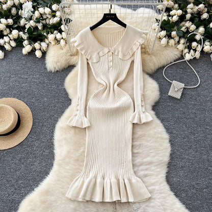New color-blocked cuff fitted waist long knit dress
