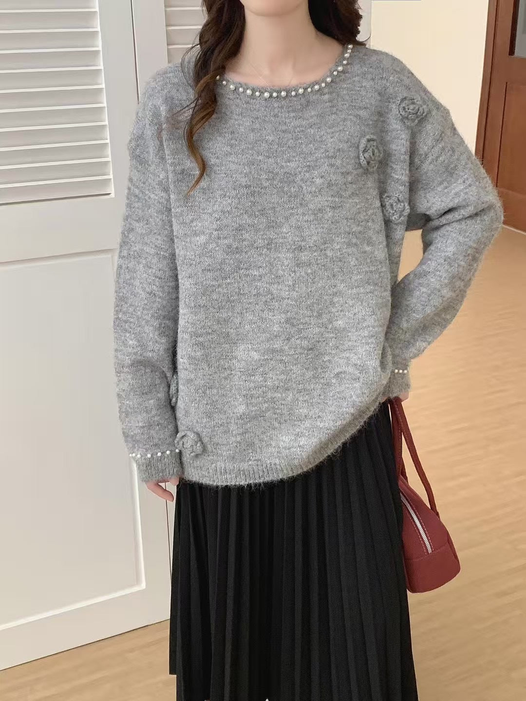 Beaded Floral Knit Pullover Soft Loose Sweater