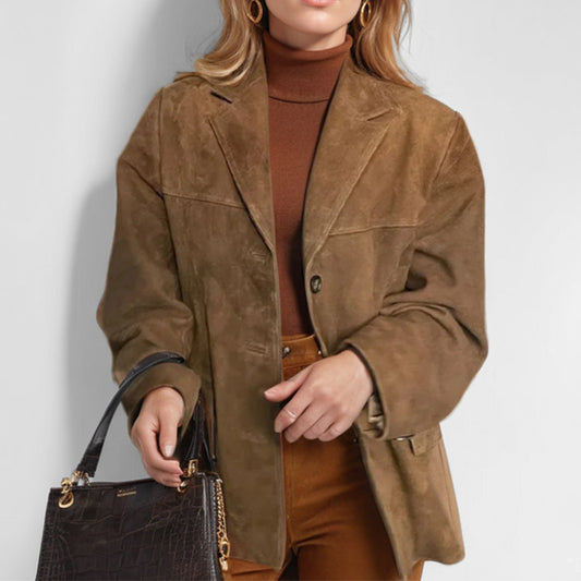 Retro brown loose pocket long-sleeved suit jacket for women