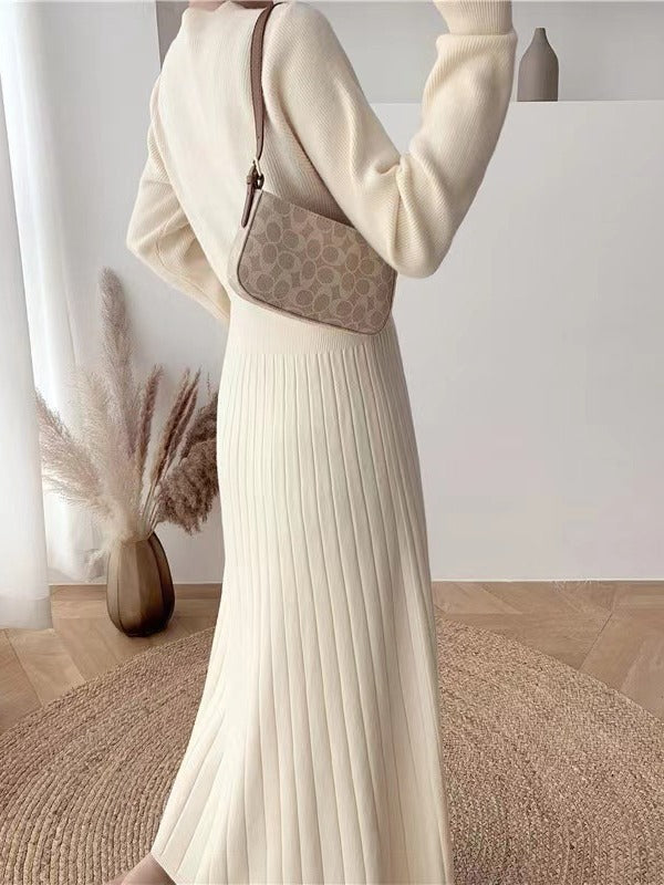 French-style V-neck button-down knit dress for women