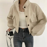 Stand-up collar, niche style, short, relaxed, loose-fitting wool coat for women