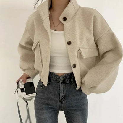 Stand-up collar, niche style, short, relaxed, loose-fitting wool coat for women