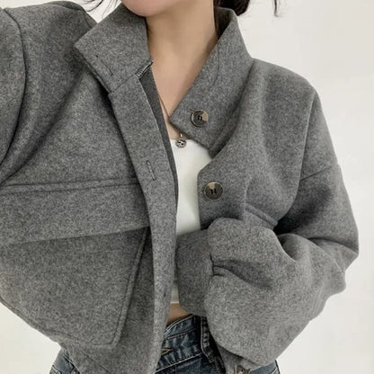 Stand-up collar, niche style, short, relaxed, loose-fitting wool coat for women