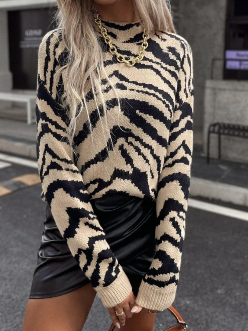 Leopard Print Knit Sweater Casual Autumn Top