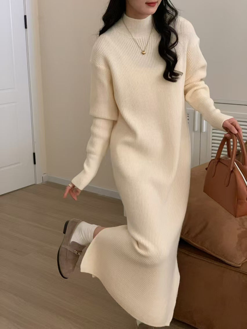 High-neck, relaxed, loose-fitting, slit basic base dress