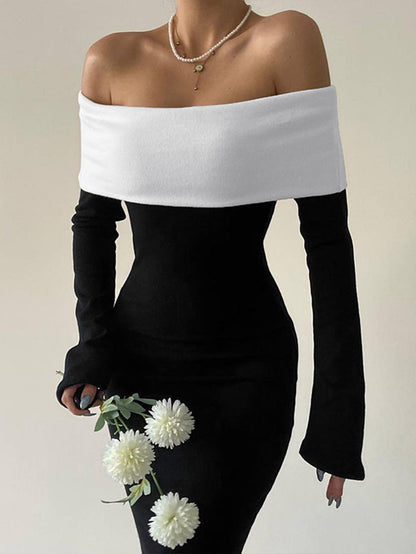 Black and white color-blocked off-shoulder slim-fit fashion autumn and winter long-sleeved dress