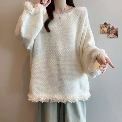 Lace Trim Patchwork Knit Sweater For Women