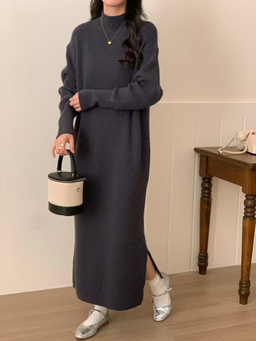 High-neck, relaxed, loose-fitting, slit basic base dress