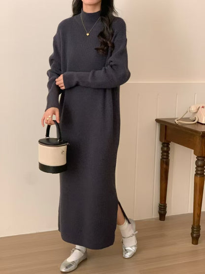 High-neck, relaxed, loose-fitting, slit basic base dress