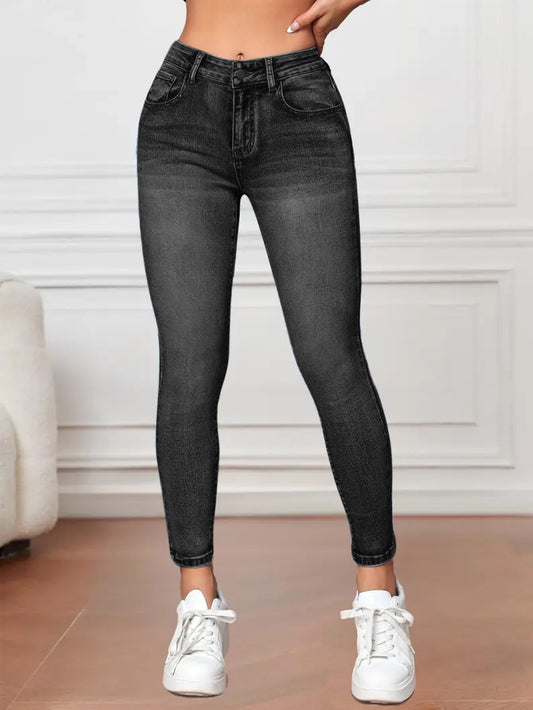 Mid Waist Slim Fit Washed Denim Pants