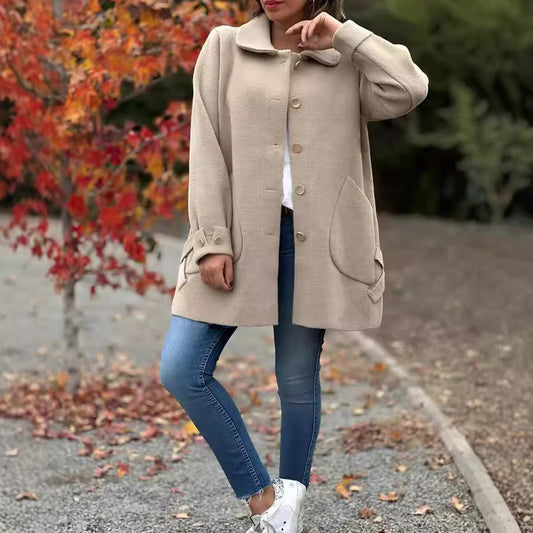 Lapel Solid Color Casual Bow Woolen Coat for Women
