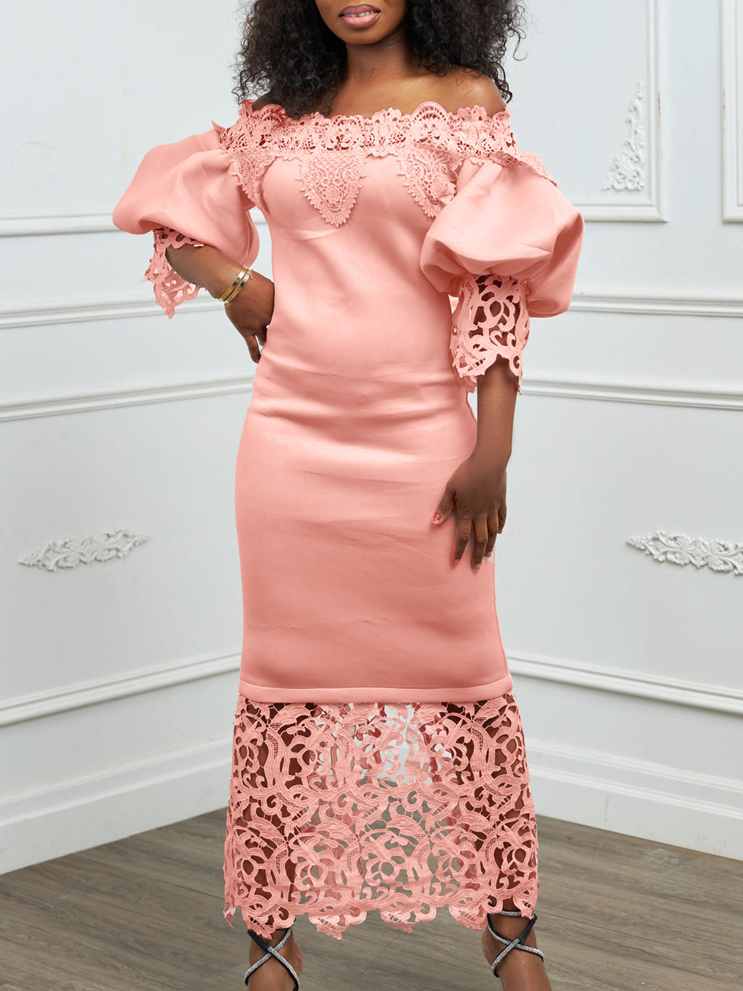 Off-the-shoulder lace-trimmed evening gown with lantern sleeves