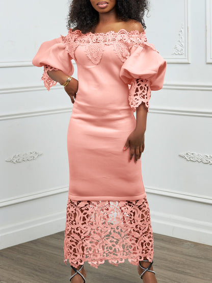 Off-the-shoulder lace-trimmed evening gown with lantern sleeves