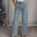 Rhinestone Washed High Waist Denim Pants