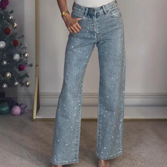 Rhinestone Washed High Waist Denim Pants