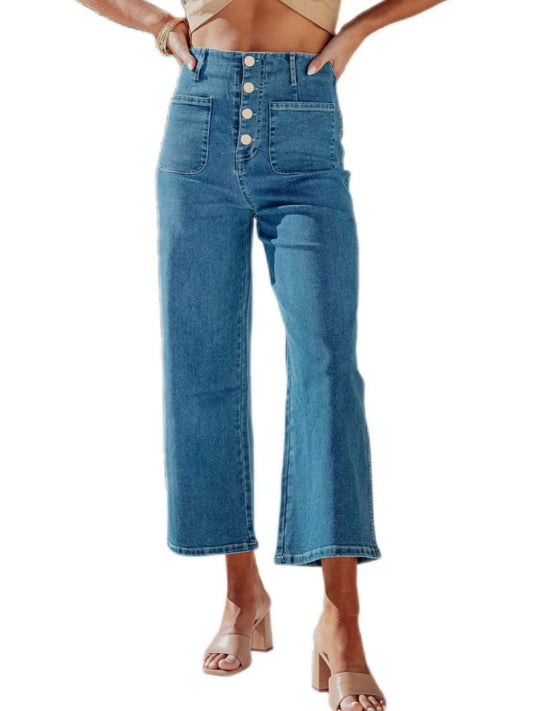 Elastic High Waist Straight Leg Denim Pants