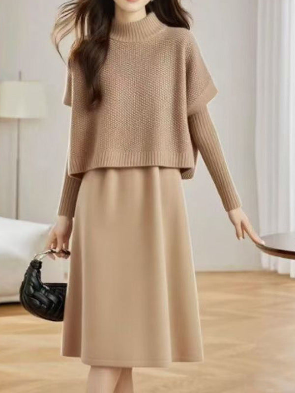 Elegant mid-length knitted dress, vest, pullover, two-piece women's clothing set