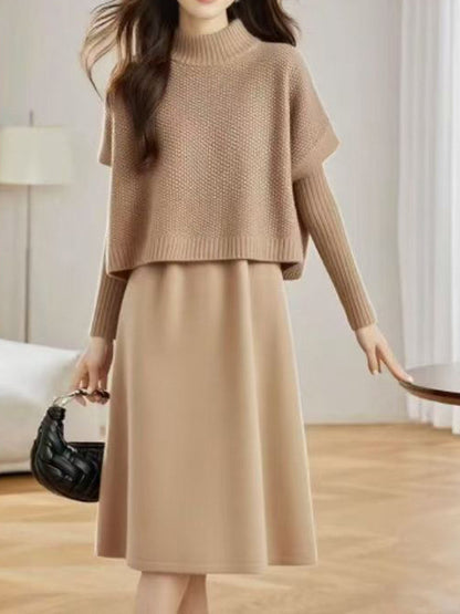 Elegant mid-length knitted dress, vest, pullover, two-piece women's clothing set