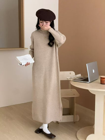 High-neck, relaxed, loose-fitting, slit basic base dress