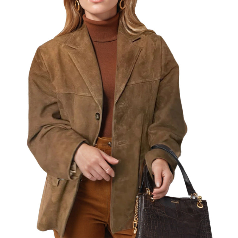 Retro brown loose pocket long-sleeved suit jacket for women