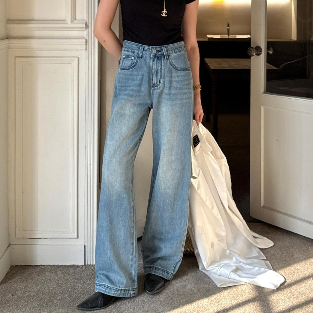 High Waist Straight Denim Pants For Women