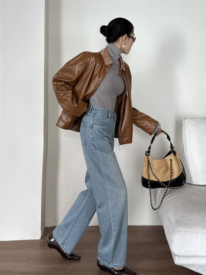 Tencel Blend Straight Leg Denim Long Pants